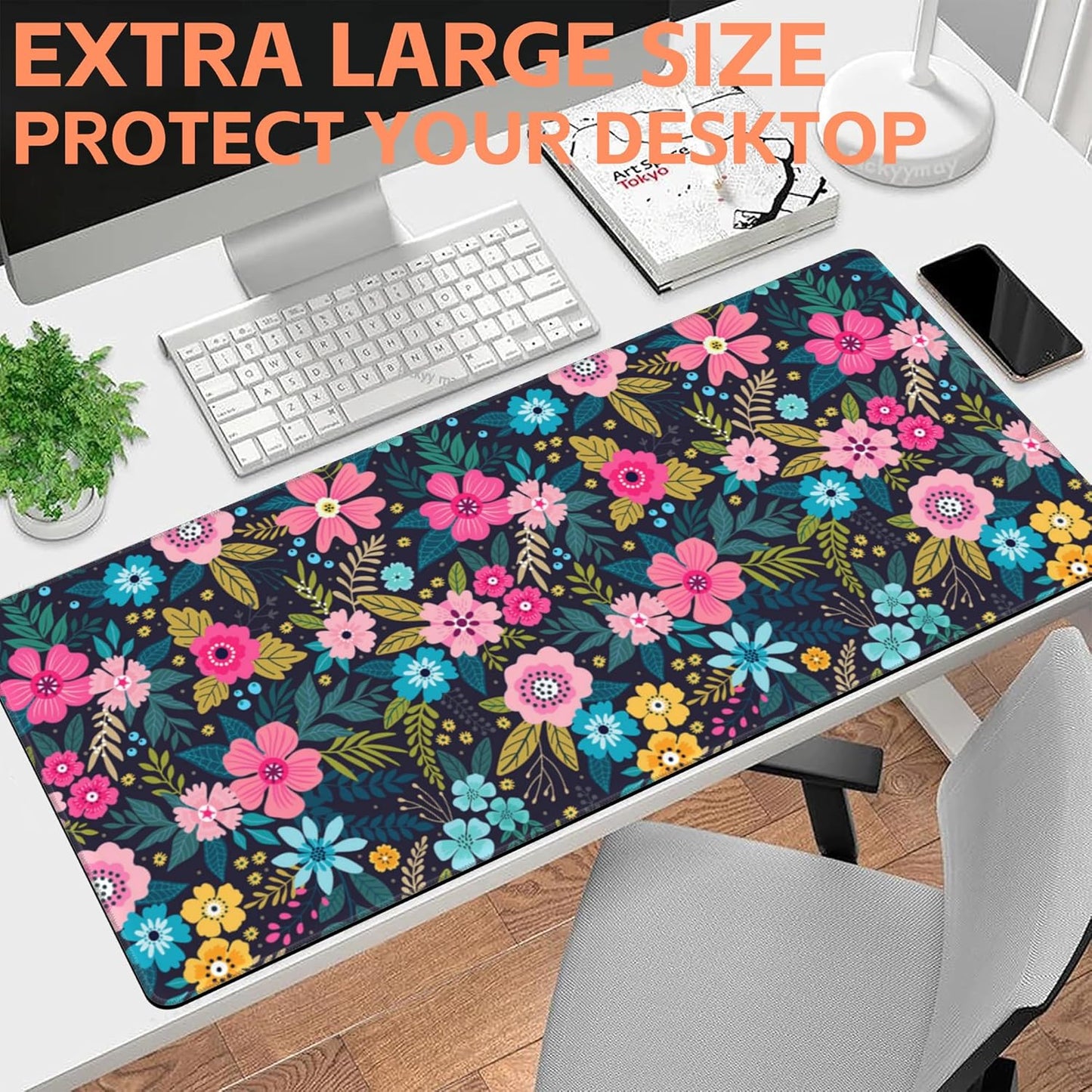 Mouse Pad Large Bright Colorful Flowers Non-Slip Game Desk Mat with Stitched Edge Laptop Keyboard Desk Pad for Work Home Gaming (35.4 x 15.7 Inches)