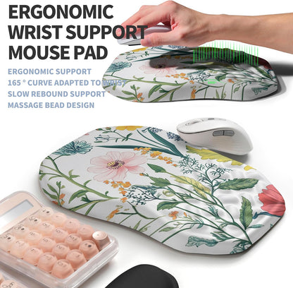 2-in-1 Ergonomic Set, Wave Keyboard Wrist Rest and Massage Slope Mouse Pad Wrist Support, Rebound Memory Foam for Relieve Carpal Tunnel Syndrome and Wrist Pain (Pink Flowers)