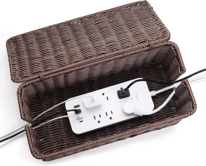 Large Cable Management Box, Handwoven Imitation Rattan Cord Organizer Cord Hider Box, Desk Cord Management Box to Hide Cords and Power Strips, Dark Brown
