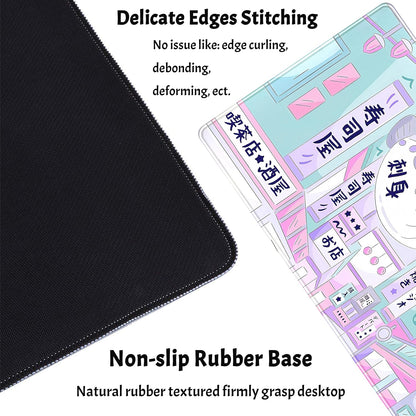 Pastel Tokyo Street Cute Desk Mat - Kawaii Anime Japanese Large Gaming Mousepad - Beige Desktop Laptop Keyboard Mouse Pad - City Aesthetics for Women Girl 31.5x15.75 in