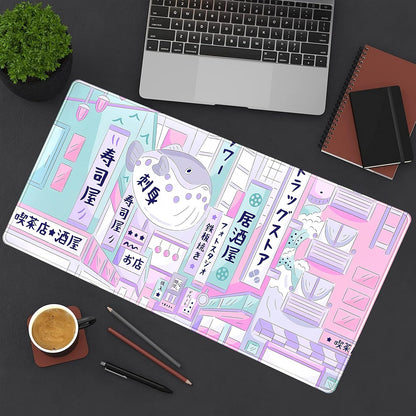Pastel Tokyo Street Cute Desk Mat - Kawaii Anime Japanese Large Gaming Mousepad - Beige Desktop Laptop Keyboard Mouse Pad - City Aesthetics for Women Girl 31.5x15.75 in