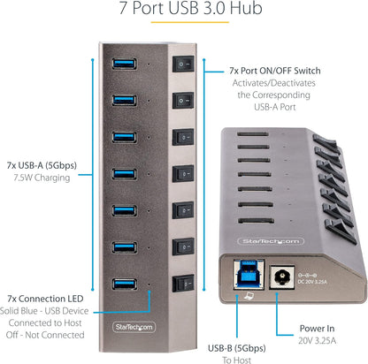 StarTech.com 7-Port Self-Powered USB-C Hub with Individual On/Off Switches, USB 3.0 5Gbps Expansion Hub w/Power Supply, Desktop/Laptop USB-C to USB-A Hub, USB Type C Hub w/BC 1.2 (5G7AIBS-USB-HUB-NA)