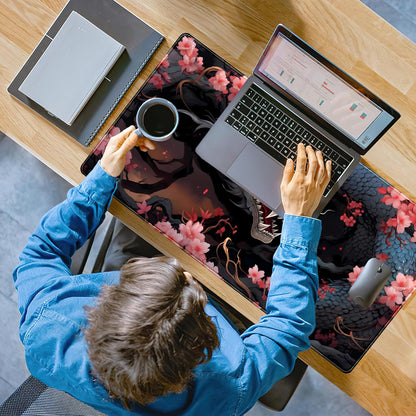 Cute Sakura Dragon Gaming Mouse Pad Kawaii XXL Large Extended Anime Desk Mat, Non-Slip Rubber Base Mousepad, Office Decor Desk Pad, Cool Keyboard and Mouse Mat with Stitched Edges, 31.5x15.75 in