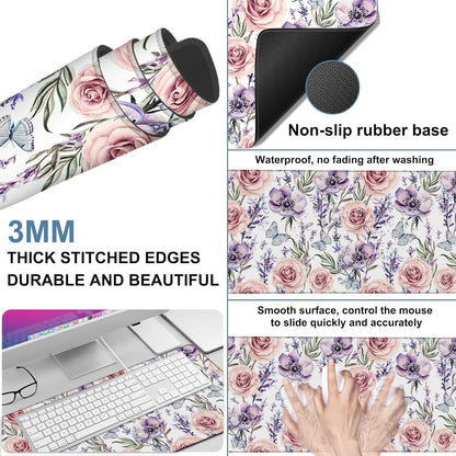 Gaming Desk Pad Large Extra Length Lavender, Roses and Anemone Mouse Pad Keyboard Laptop Non-Slip Waterproof with Rubber Base Thick Stitched Edge Mouse Mat for Office Home 35.4 x 15.7 Inches
