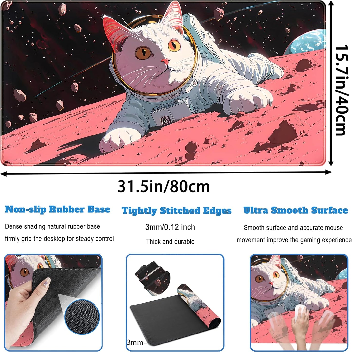 Cat Desk Mat Full Desk Mouse Pad Gaming Mat XXL, Fun Desktop Mats Computer Keyboard Pad Extra Large Mouse Mat, Laptop Mat with Stitched Edges, Office & Home Decor for Women 31.5" x 15.7"