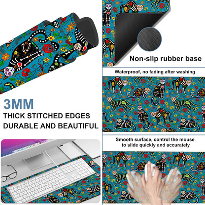 Sugar Skull Black Cats Gaming Mouse Pad 3mm Thick Stitched Edge Waterproof Non-Slip Large Computer Keyboard Mouse Mat,Suitable for Office Entertainment Decorative Desk Pad 35.4 x 15.7 Inches