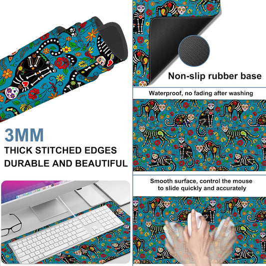 Sugar Skull Black Cats Gaming Mouse Pad 3mm Thick Stitched Edge Waterproof Non-Slip Large Computer Keyboard Mouse Mat,Suitable for Office Entertainment Decorative Desk Pad 35.4 x 15.7 Inches