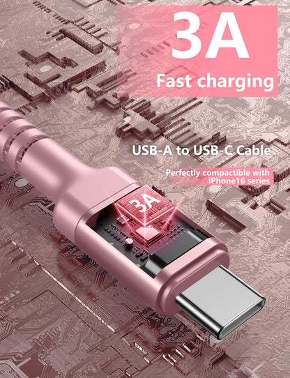 iPhone 16 USB C Cable Fast Charging [2 Pack, 6FT], USB A to USB C Charger Cord, Upgraded Extra Durable Braided USBC Cable Compatible with iPhone 16 15 Pro Max, LG and More-Pink