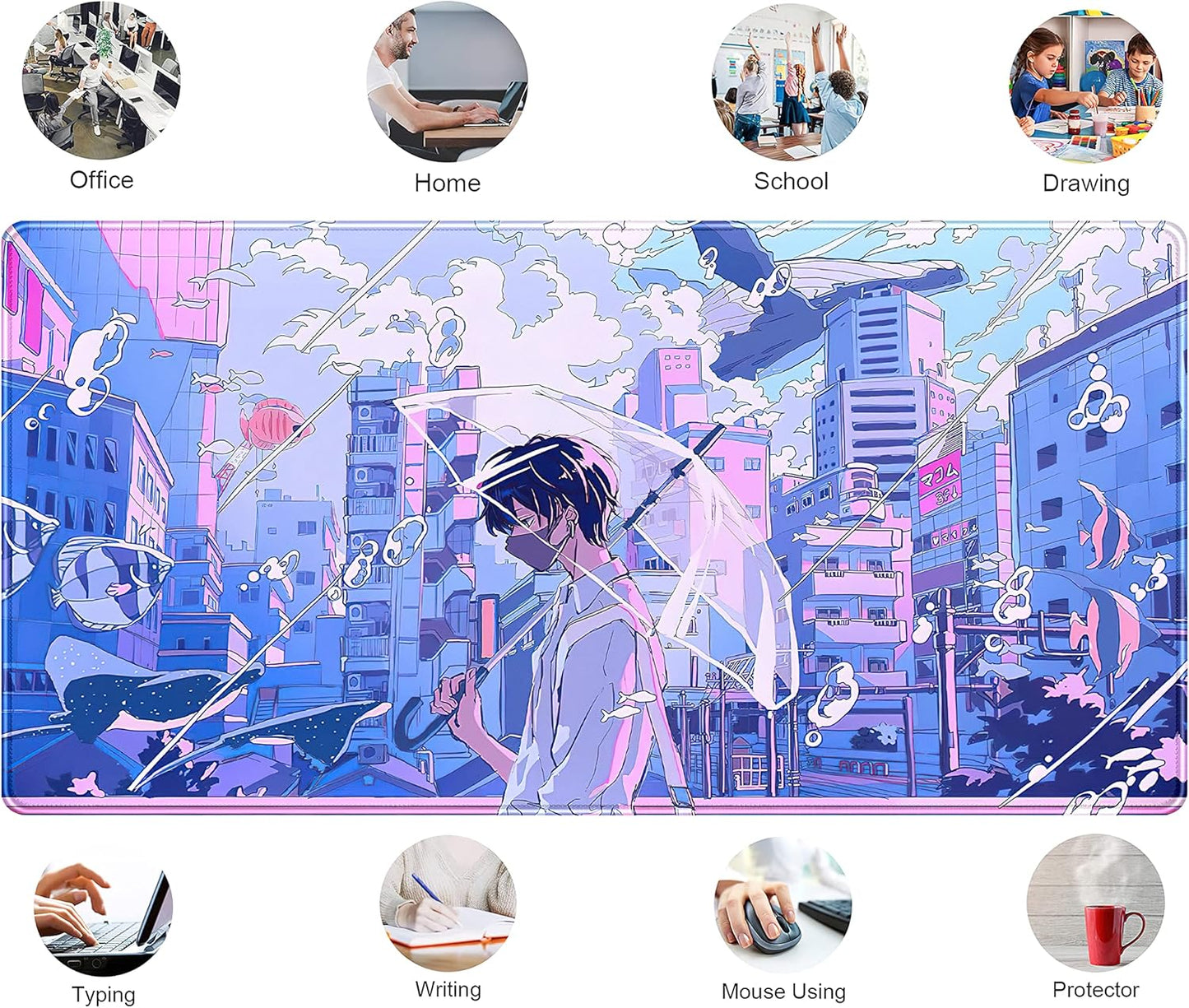 Anime Kawaii Desk Mat Mousepad Cute Japanese Large Gaming Mouse Pad XXL, Pastel Aesthetic Purple Blue Laptop Keyboard Mouse Mat, Magical Fantasy City Girl Gamer Computer Desktop Mat 31.5x15.75 in