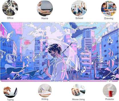 Anime Kawaii Desk Mat Mousepad Cute Japanese Large Gaming Mouse Pad XXL, Pastel Aesthetic Purple Blue Laptop Keyboard Mouse Mat, Magical Fantasy City Girl Gamer Computer Desktop Mat 31.5x15.75 in