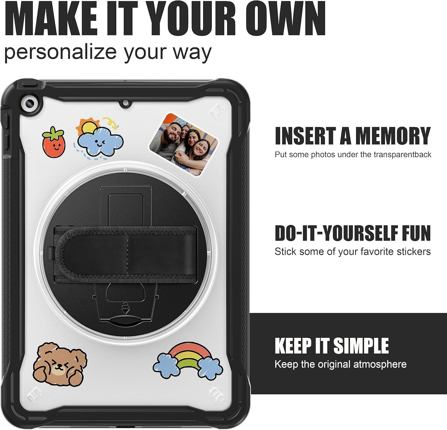 ZenRich Clear Case for iPad 9th/8th/7th Generation 10.2 inch 2021/2020/2019, Shockproof Slim Hard Case with Pencil Holder/360°Rotating Kickstand/Handle/Carrying Strap, Black