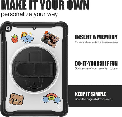 ZenRich Clear Case for iPad 9th/8th/7th Generation 10.2 inch 2021/2020/2019, Shockproof Slim Hard Case with Pencil Holder/360°Rotating Kickstand/Handle/Carrying Strap, Black