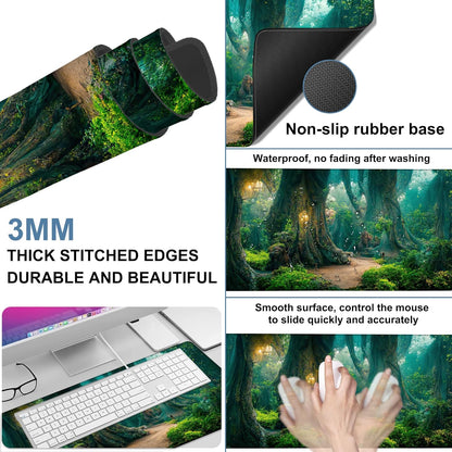 Gaming Desk Pad Large Extra Length Mysterious Forest Mouse Pad Keyboard Laptop Non-Slip Waterproof with Rubber Base Thick Stitched Edge Mouse Mat for Office Home 35.4 x 15.7 Inches