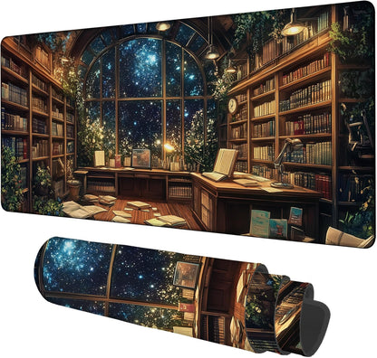 an Old Library Gaming Mouse Pad 3mm Thick Stitched Edge Waterproof Non-Slip Large Computer Keyboard Mouse Mat,Suitable for Office Entertainment Decorative Desk Pad 35.4 x 15.7 Inches