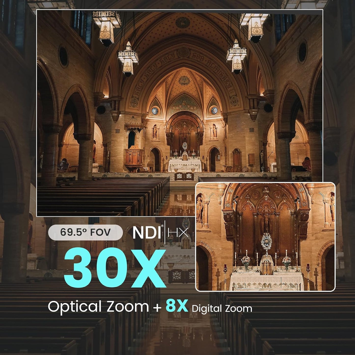 NDI PTZ Camera AI Auto Tracking 3G-SDI/USB3.0/HDMI/LAN PoE 30X Optical and 8X Digital Zoom Live Streaming Camera 1080P 60FPS for Church Services Worship Education Events vMix OBS YouTube