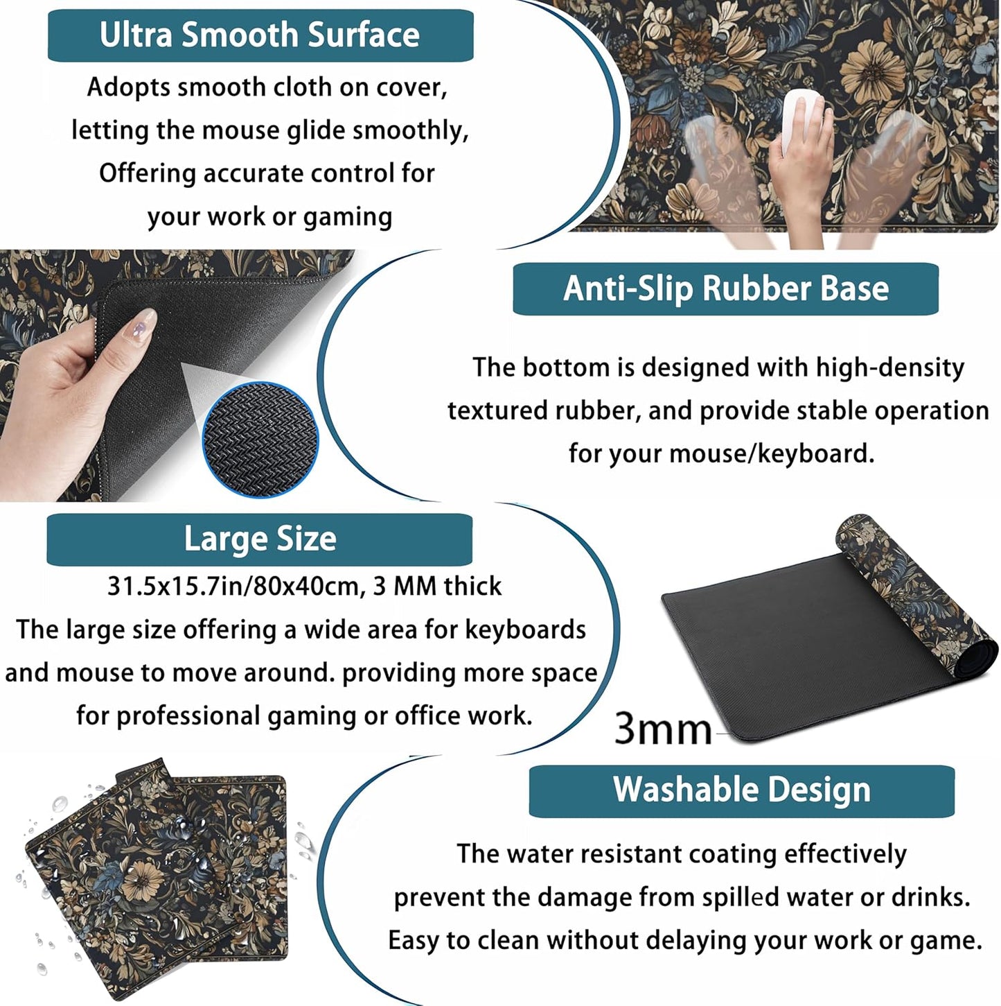 Vintage Floral Desk Mat Blue Wildflowers Mouse Pad Cottagecore Mousepad, XXL Large Extended Gaming Desk Matt for Desktop, Laptop Keyboard Mouse Mat for Women Office Decor Accessories, 31.5x15.75 in