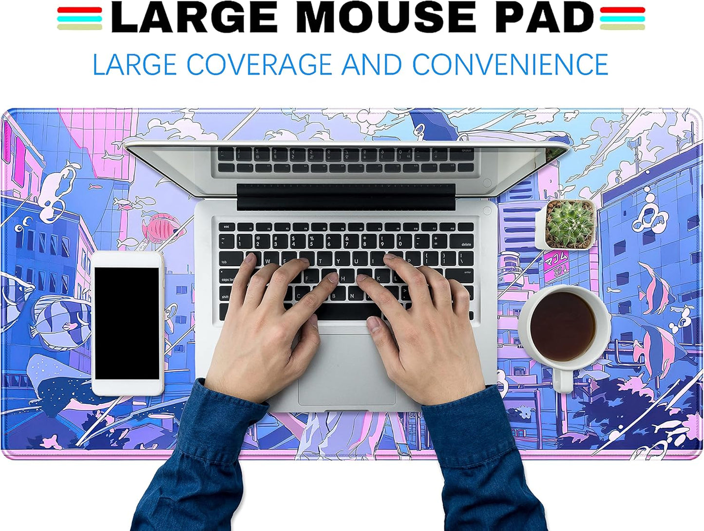 Anime Kawaii Desk Mat Mousepad Cute Japanese Large Gaming Mouse Pad XXL, Pastel Aesthetic Purple Blue Laptop Keyboard Mouse Mat, Magical Fantasy City Girl Gamer Computer Desktop Mat 31.5x15.75 in