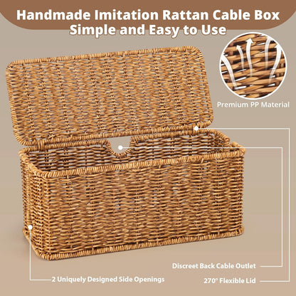Handmade Cable Management Box, Imitation Rattan Cord Organizer Cord Hider Box, Desk Cord Management Box to Hide Cords and Power Strip L12.5 W5 H5.2 CB2412 Deep Speckled Brown