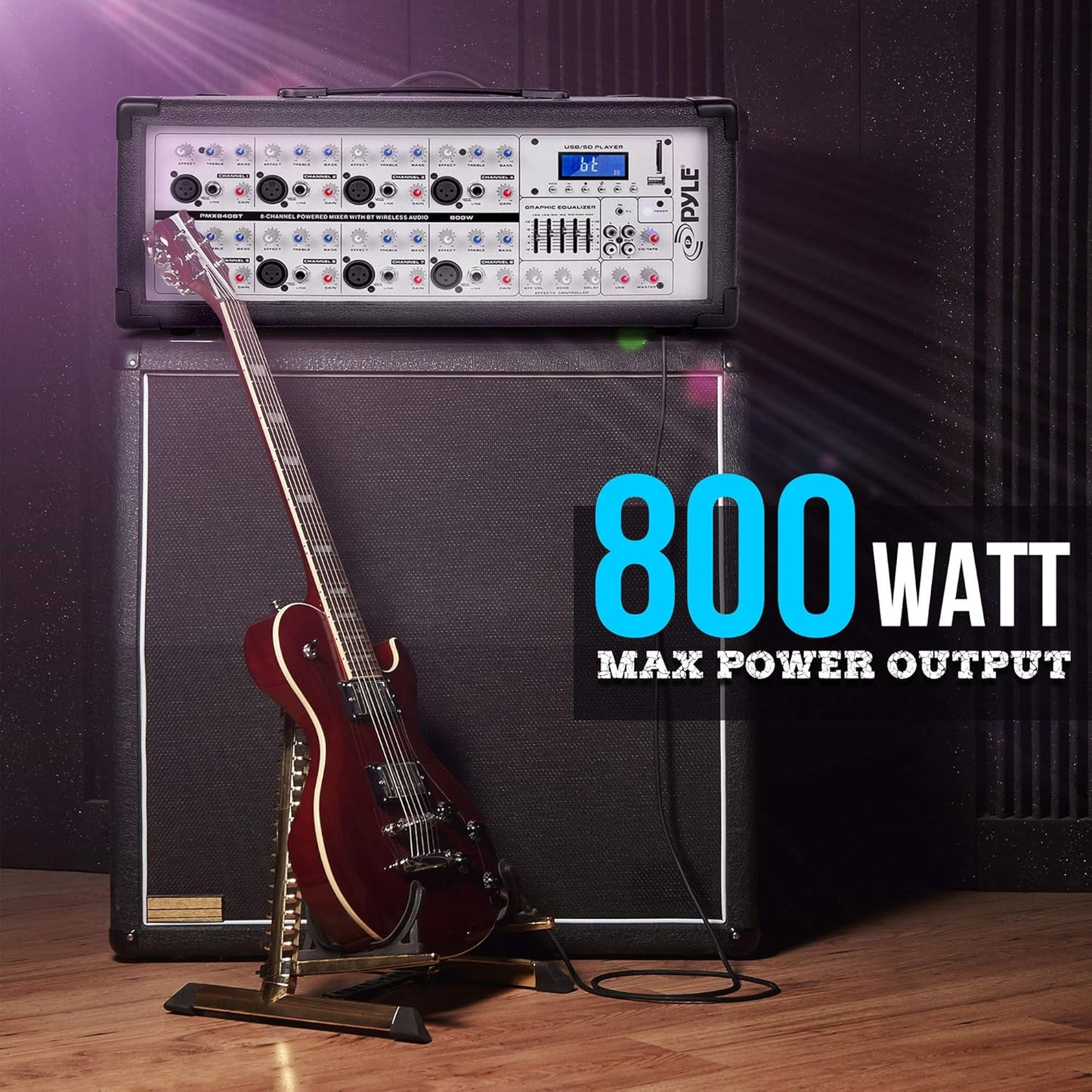 Pyle 800W Bluetooth Stage Powered Mixer - 8-Channel Pro Audio Sound System with MP3/USB/SD Readers - RCA/1/4” Effects Loop - Aux Input - Digital LCD Display - Built-in Cooling Fan - PMX840BT