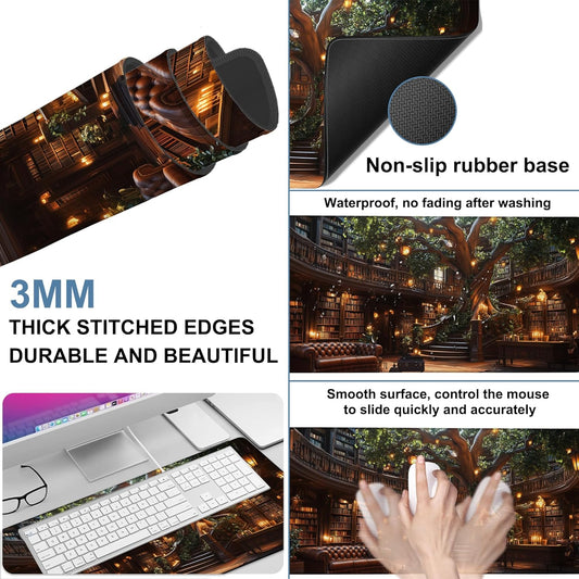 Large Mouse Pad Old Library Gaming Desk Pad Computer Keyboard Non-Slip Waterproof Mouse Mat with Rubber Base and Stitched Edges Entertainment Office Writing Desk Mat 35.4 x 15.7 Inches