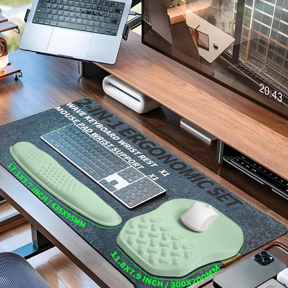 2-in-1 Ergonomic Set, Wave Keyboard Wrist Rest and Massage Slope Mouse Pad Wrist Support, Rebound Memory Foam for Relieve Carpal Tunnel Syndrome and Wrist Pain (Light Green)