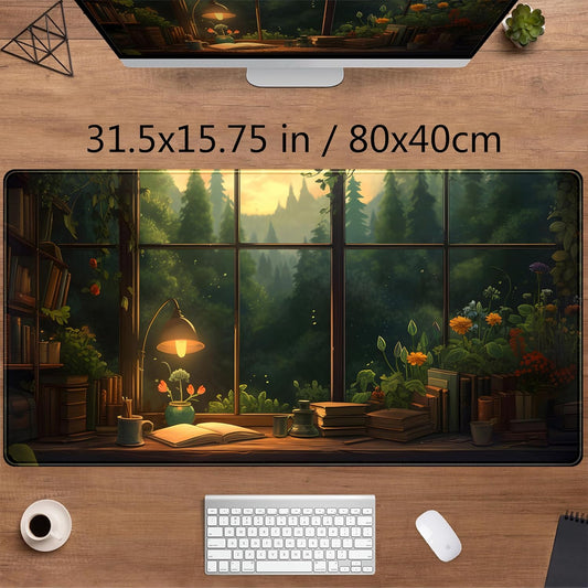 Anime Dark Green Plants Desk Mat Cute XXL Large Extended Mouse Pad Gaming, Lofi Aesthetic Computer Laptop Keyboard and Mouse Mat, Desk Accessories for Women Office Decor Mousepad, 31.5x15.75 in
