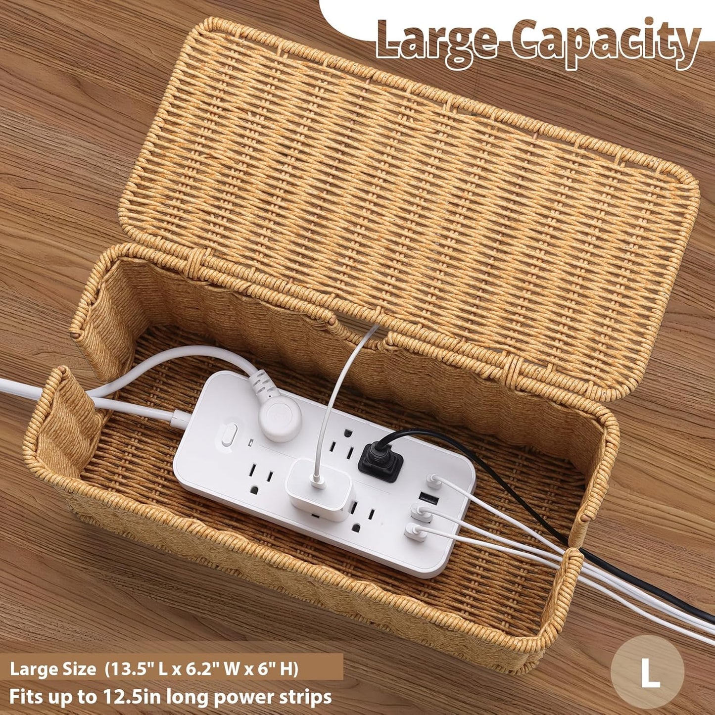 2Pack Large Cable Management Box, Handwoven Imitation Rattan Cord Organizer wire Hider Box, Desk Cord Management to Hide Cords and Power Strips