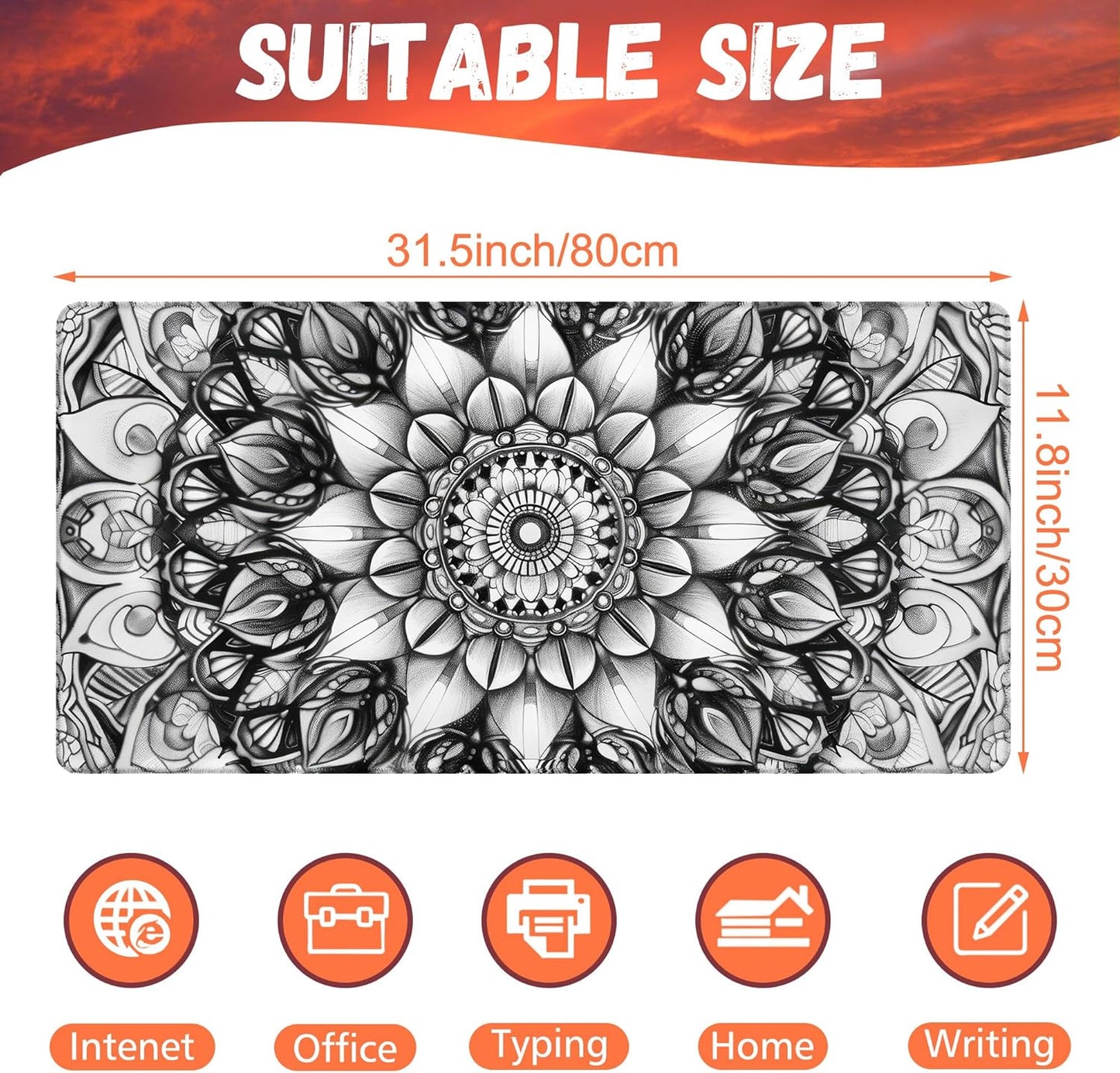 Large Gaming Mouse Pad for Desk, Black and White Mandala Desk Mat, Mandala Flower Desk Pad, 31.5"x15.7" Extended Big Computer Keyboard Mouse Pad with Non-Slip Base and Stitched Edge