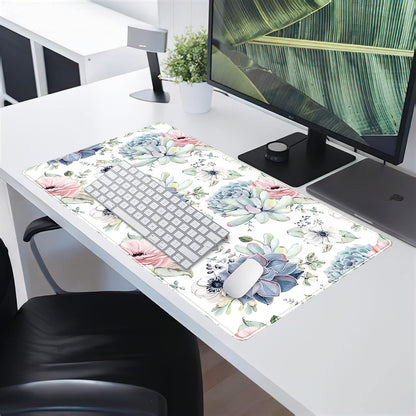 Watercolor Succulents Desk Mat, Plants Succulent Roses Desk Pad Protector, Large Gaming Mouse Pad, Stable Rubber Base Mousepad with Stitched Edges, Keyboard Mouse Mat for Work, Game, Office, Home
