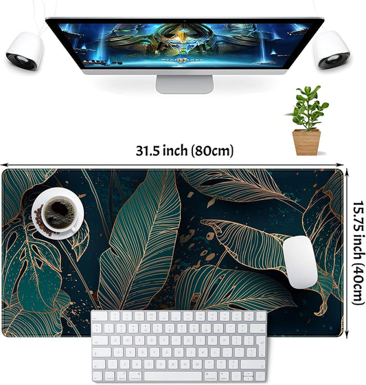 Desk Pad, Green Gold Palm Leaves Extended Gaming Mouse Pad Cute Large Desk Mat, Non-Slip Rubber Base Mousepad with Stitched Edges, Keyboard Mouse Mat Desk Pad for Game Office Home 31.5x15.75 in