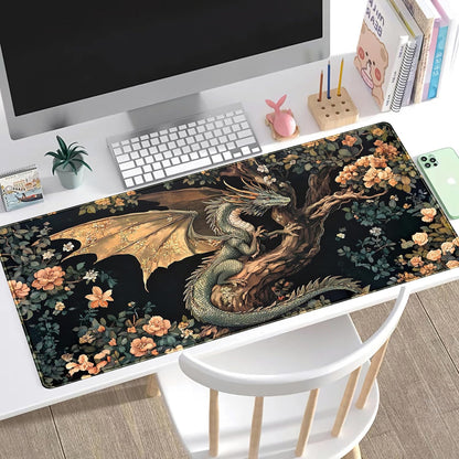 Desk Mat Cute Enchanted Forest Dragon Kawaii Mouse Pad XXL Large Extended Vintage Academia Anime Desk Pad, Cozy Computer Playmat Laptop Keyboard and Mouse Mat with Stitched Edges, 31.5x15.7 in