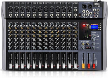 Pro DJ Mixer 12-Channel Audio Console - Bluetooth/USB Streaming, 48V Phantom Power, 3-Band EQ for Live Stage, Recording Studio & Karaoke Systems (CT-12)