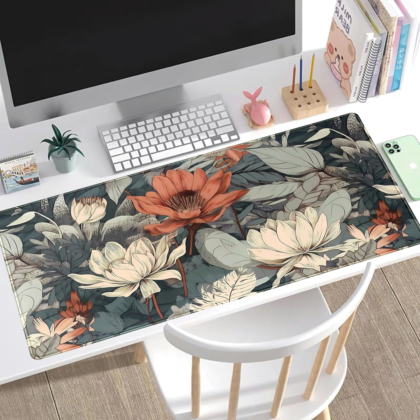Vintage Floral Desk Mat XXL Large Gaming Mouse Pad Extended Desk Pad, Tropical Plants Laptop Keyboard Mouse Mat with Stitched Edges 31.5x15.75 in, Computer Mat Mousepad for desk Decor Office Gift
