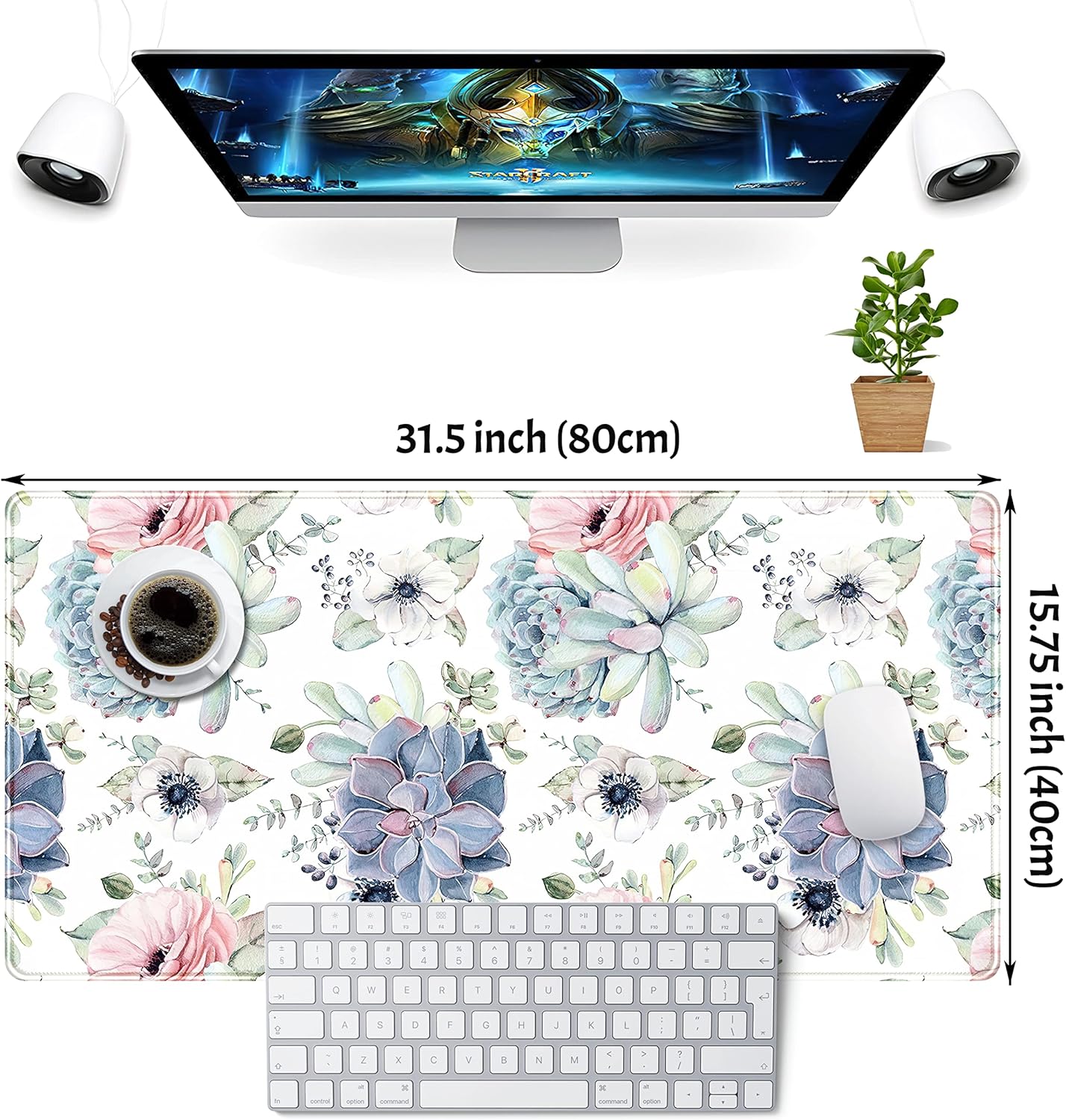 Watercolor Succulents Desk Mat, Plants Succulent Roses Desk Pad Protector, Large Gaming Mouse Pad, Stable Rubber Base Mousepad with Stitched Edges, Keyboard Mouse Mat for Work, Game, Office, Home