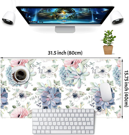 Watercolor Succulents Desk Mat, Plants Succulent Roses Desk Pad Protector, Large Gaming Mouse Pad, Stable Rubber Base Mousepad with Stitched Edges, Keyboard Mouse Mat for Work, Game, Office, Home