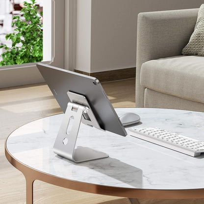 OMOTON Adjustable Tablet Stand for Desk, Upgraded Longer Arms for Greater Stability, T2 Tablet Holder with Hollow Design for Bigger Sized Phones and Tablets Such as iPad Pro/Air/Mini, Silver