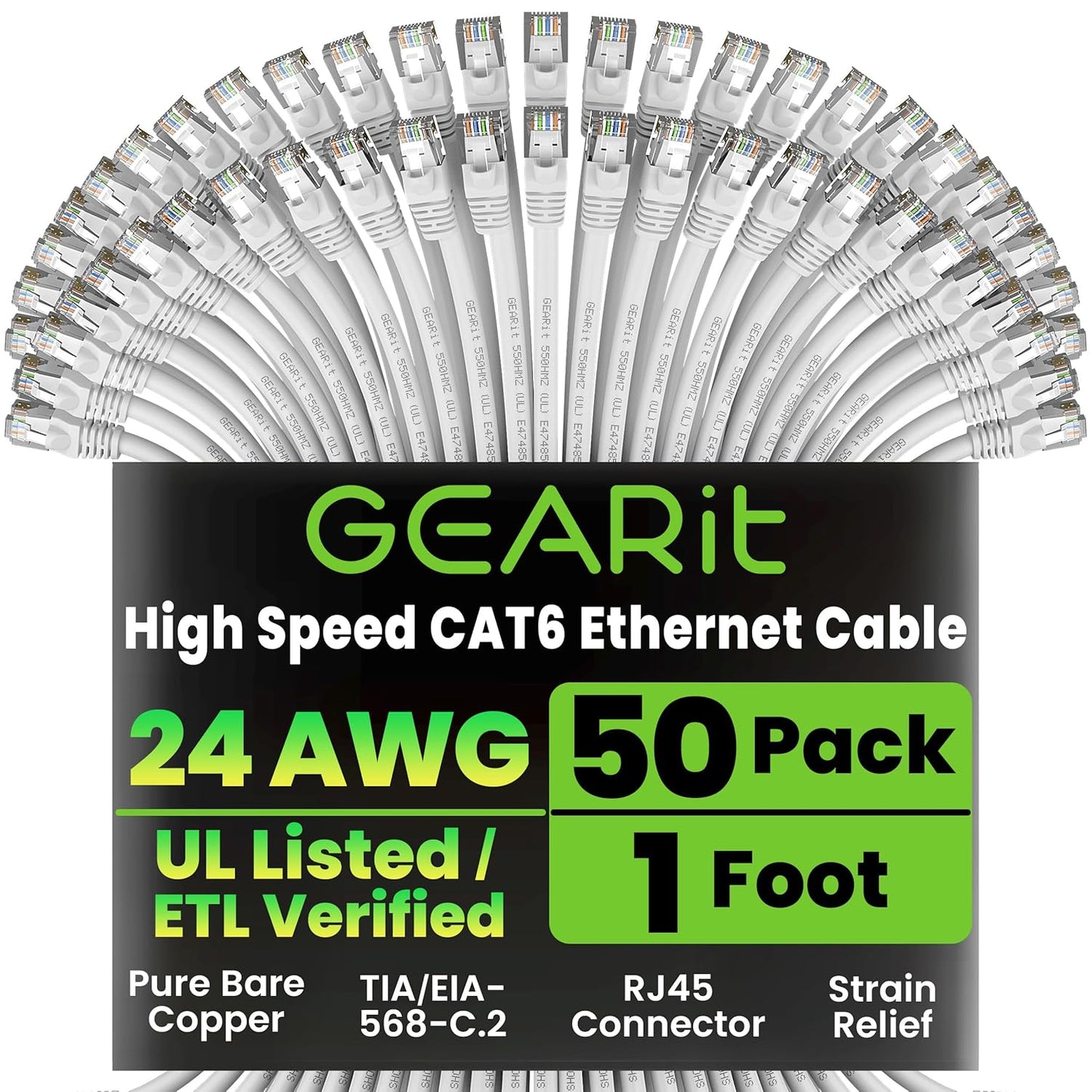 GEARit Cat 6 Ethernet Cable (50-Pack 1 Foot) Cat6 Network Patch, 10Gbps, RJ45, Snagless Cord, Gold-Plated Connectors, Internet for PC, TV, Tablet, Router, Printer, Servers, IT Data Center - White