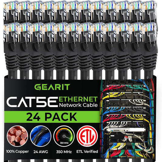 GearIt 24-Pack, Cat5e Ethernet Patch Cable 2 Feet - Snagless RJ45 Computer LAN Network Cord, Black