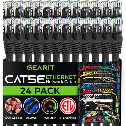 GearIt 24-Pack, Cat5e Ethernet Patch Cable 10 Feet - Snagless RJ45 Computer LAN Network Cord, Black