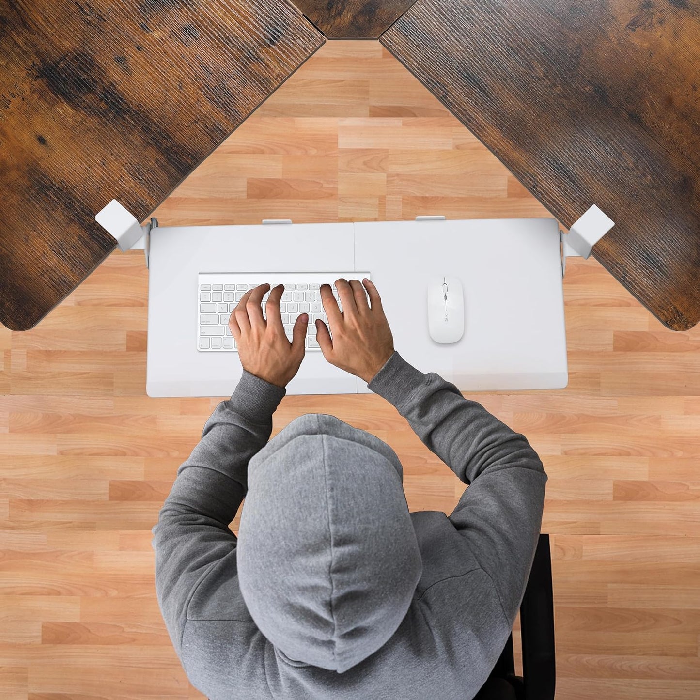 ETHU Keyboard Tray Under Desk, Ergonomic Corner Keyboard Tray with 180° Adjustable C Clamp for L Shape Desk 26.77" X 12.2" Easy to Install, Computer Keyboard Stand for Home and Office (White)