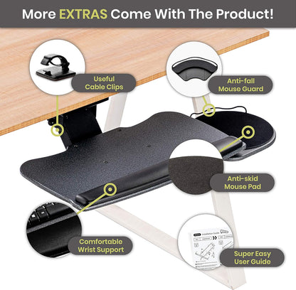 Under Desk Keyboard Tray, 20" x 11" Tray, 17.75" Track, One Knob Control, Undermount Sliding Computer Keyboard and Mouse Tray with Wrist Rest, Swivels 360° with Adjustable Height and ±15° Tilt