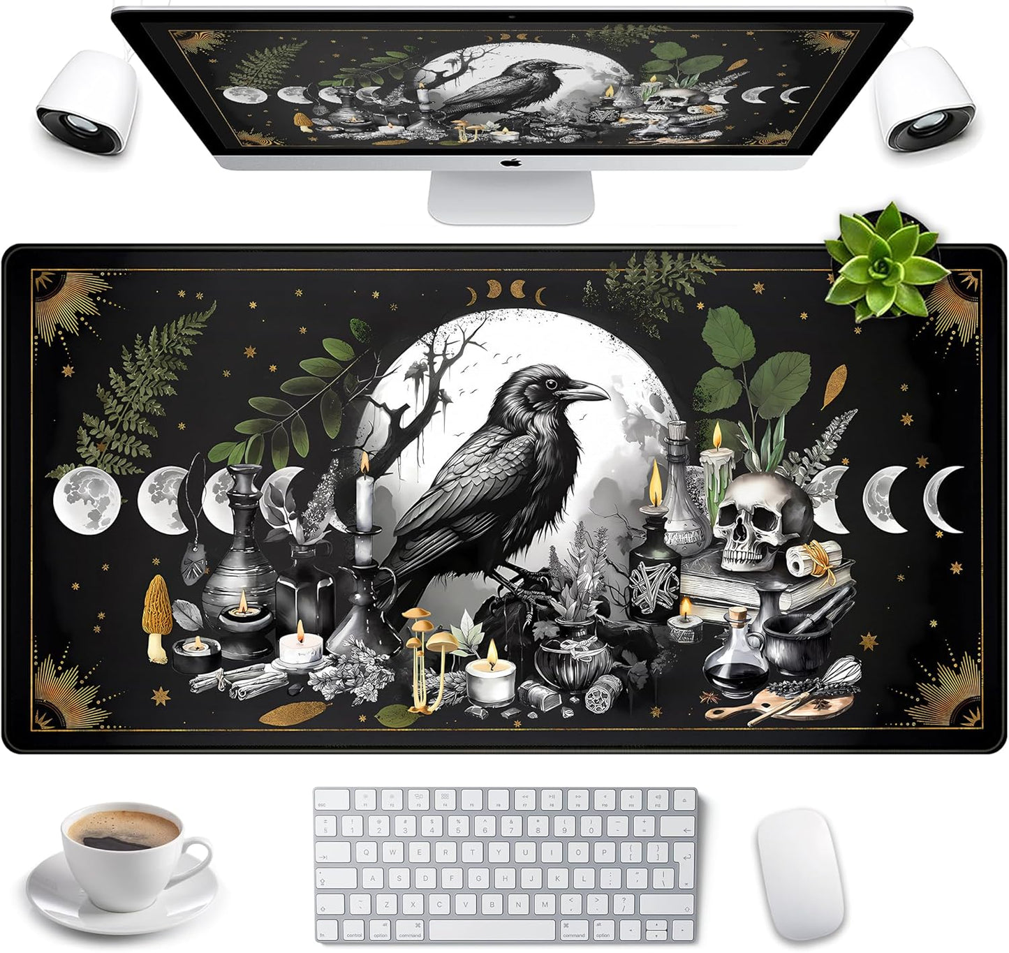 Cute Kawaii Raven Desk Mat XXL Large Extended Gaming Mouse Pad Nature Forest Gothic Mousepad with Stitched Edges, Anime Skull Laptop Keyboard and Mouse Mat Desk Pad for Work Game 31.5x15.7 in