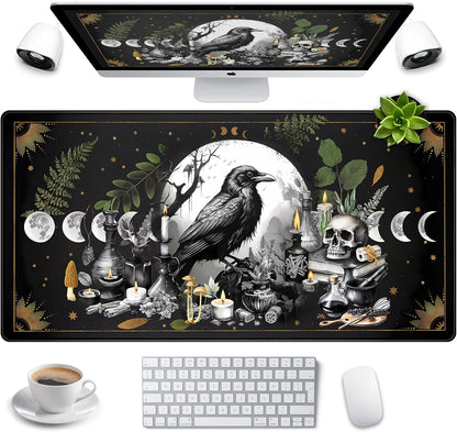 Cute Kawaii Raven Desk Mat XXL Large Extended Gaming Mouse Pad Nature Forest Gothic Mousepad with Stitched Edges, Anime Skull Laptop Keyboard and Mouse Mat Desk Pad for Work Game 31.5x15.7 in