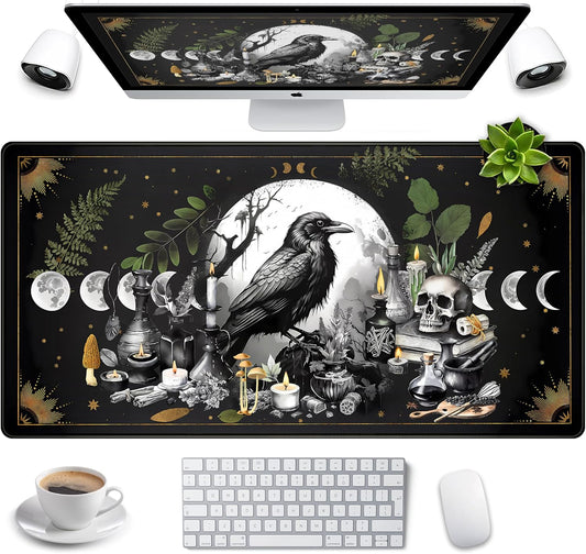 Cute Kawaii Raven Desk Mat XXL Large Extended Gaming Mouse Pad Nature Forest Gothic Mousepad with Stitched Edges, Anime Skull Laptop Keyboard and Mouse Mat Desk Pad for Work Game 31.5x15.7 in