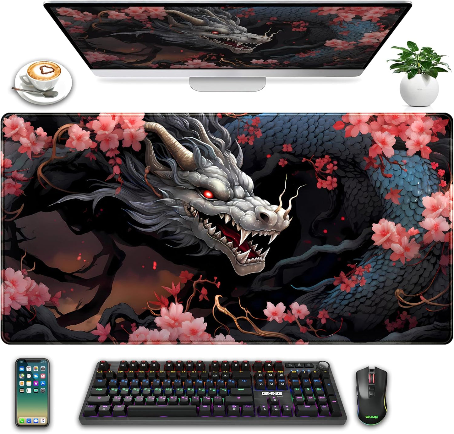 Cute Sakura Dragon Gaming Mouse Pad Kawaii XXL Large Extended Anime Desk Mat, Non-Slip Rubber Base Mousepad, Office Decor Desk Pad, Cool Keyboard and Mouse Mat with Stitched Edges, 31.5x15.75 in