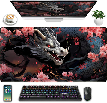 Cute Sakura Dragon Gaming Mouse Pad Kawaii XXL Large Extended Anime Desk Mat, Non-Slip Rubber Base Mousepad, Office Decor Desk Pad, Cool Keyboard and Mouse Mat with Stitched Edges, 31.5x15.75 in