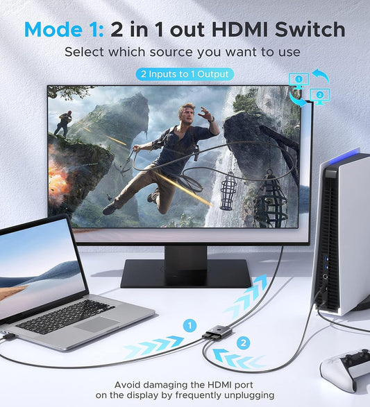 HDMI Switch 2 in 1 Out 4K@60Hz, WARRKY[with 3.3ft Fixed Braided HDMI Cable, Aluminum Case, 2K@144Hz, HDCP 2.2] Bidirectional 2x1 Switcher Splitter Compatible for PS5/4, Xbox, Roku, FireStick, Switch