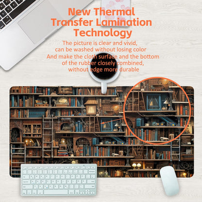 Desk Pad, Fantasy Shelves Desk Mat, Shelves Full of Books Large Gaming Mouse Pad for Desk, 31.5"x15.7" Extended Big Computer Keyboard Mouse Pad with Non-Slip Base and Stitched Edge