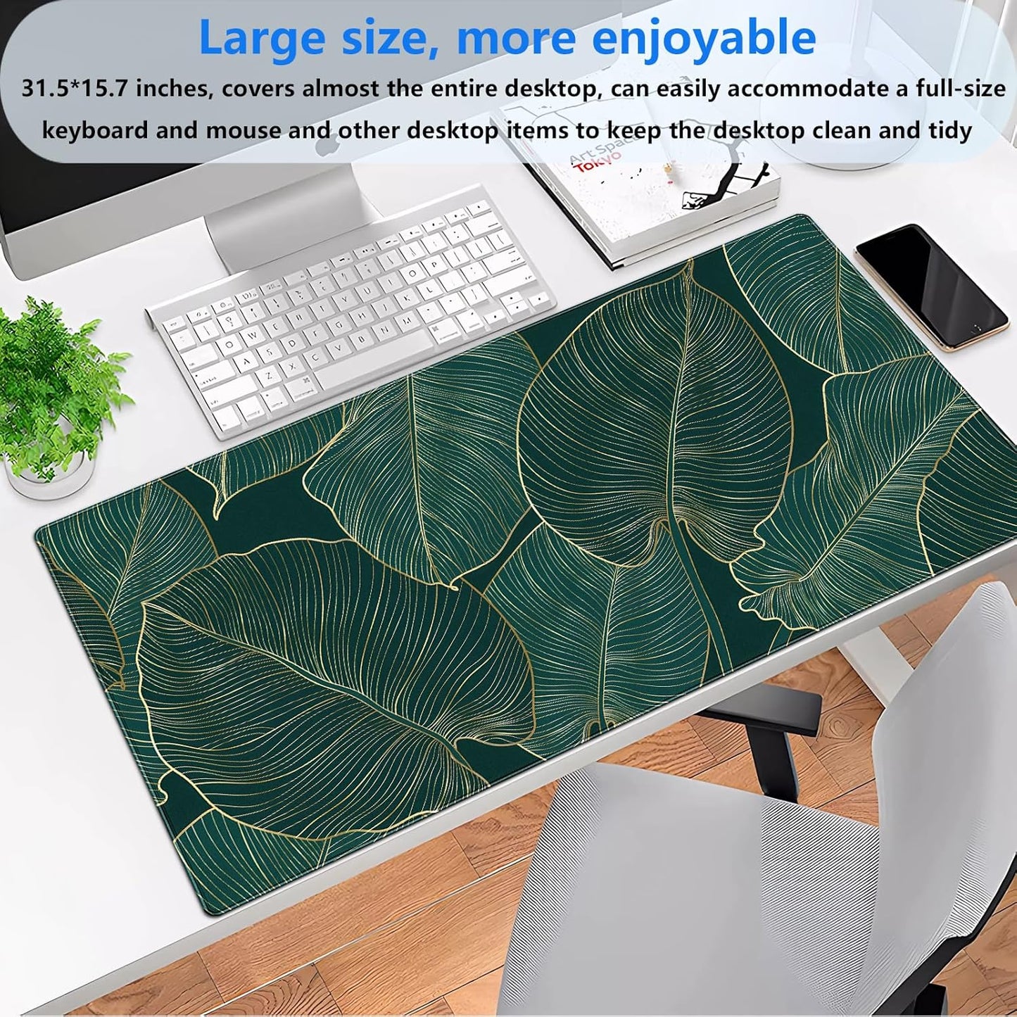 Green Desk Mat Monstera Palm Leaf Mouse Pad Large Gaming Mouse Pad XL Full Desk Mousepad Extended Keyboard Mat Big Long Mouse Mat Computer Laptop Desktop Mat Pad Desk Decor 31.5''X15.7''