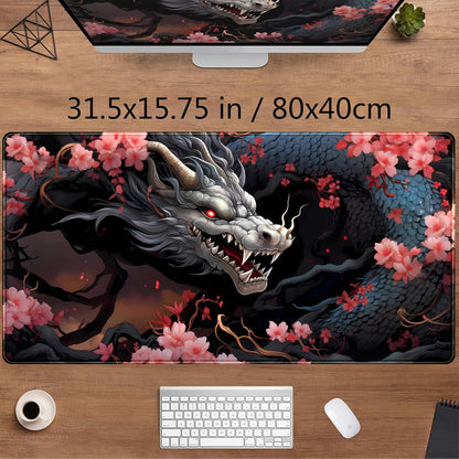 Cute Sakura Dragon Gaming Mouse Pad Kawaii XXL Large Extended Anime Desk Mat, Non-Slip Rubber Base Mousepad, Office Decor Desk Pad, Cool Keyboard and Mouse Mat with Stitched Edges, 31.5x15.75 in